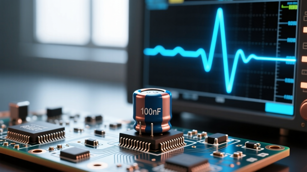 Oscilloscope capture showing 100nF capacitor discharge spike on Arduino RESET pin during serial handshake
