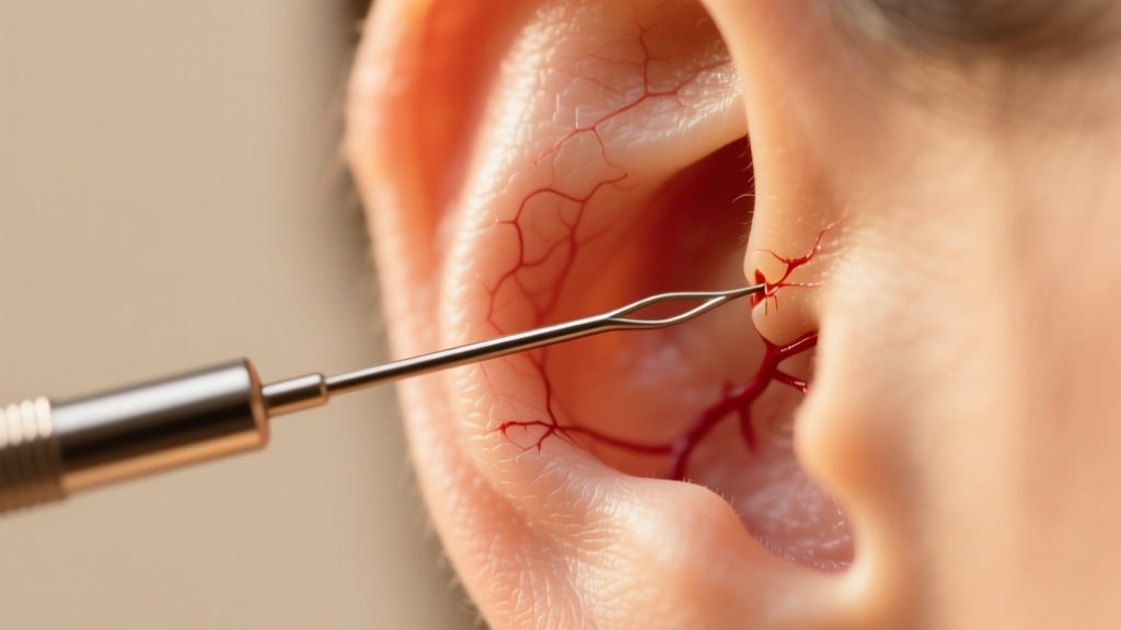 Macro photography of a 16-gauge hollow bevel needle piercing an earlobe, showing clean tissue separation, soft warm lighting.