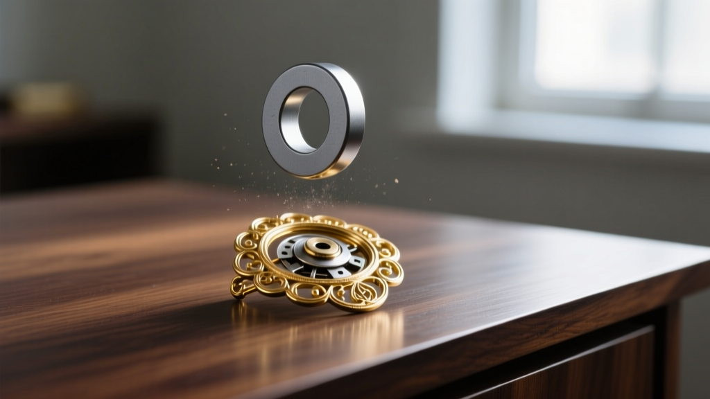 Neodymium magnet hovering over a vintage brooch to test for hidden ferrous steel components beneath gold plating on a wooden desk