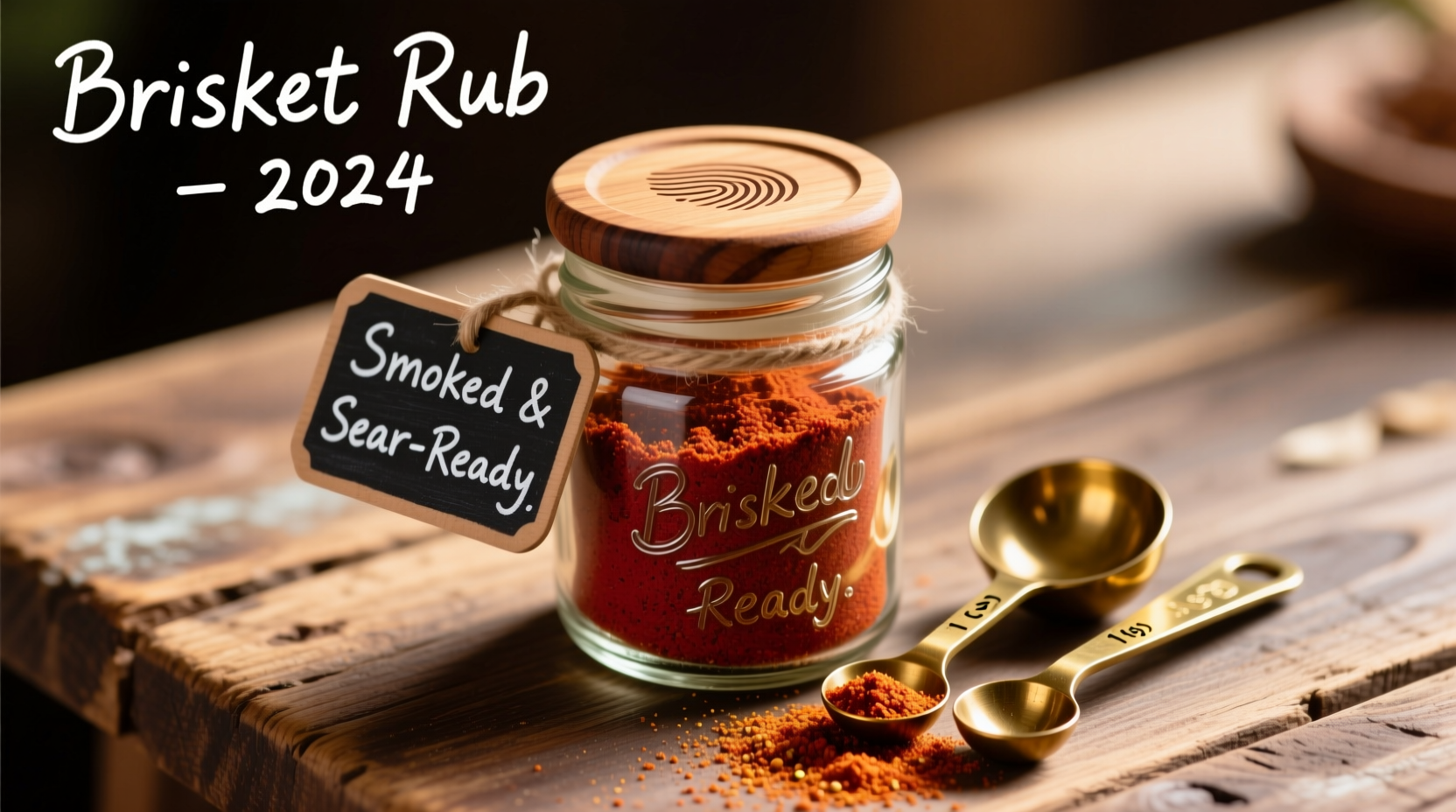 Homemade brisket spice rub in glass jar with measuring spoons