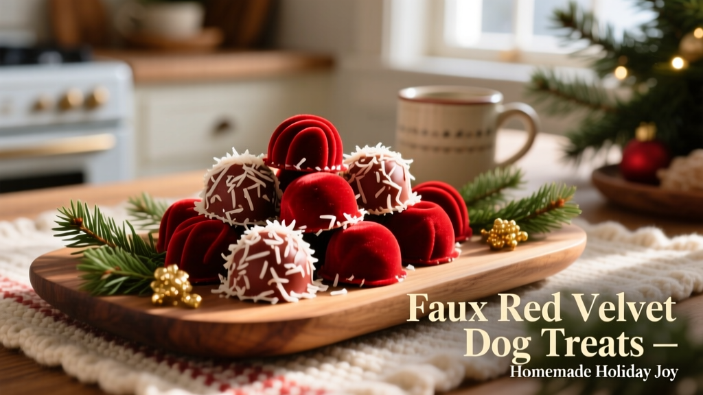 Close-up of vibrant red faux red velvet truffles rolled in shredded coconut, arranged on a festive holiday platter