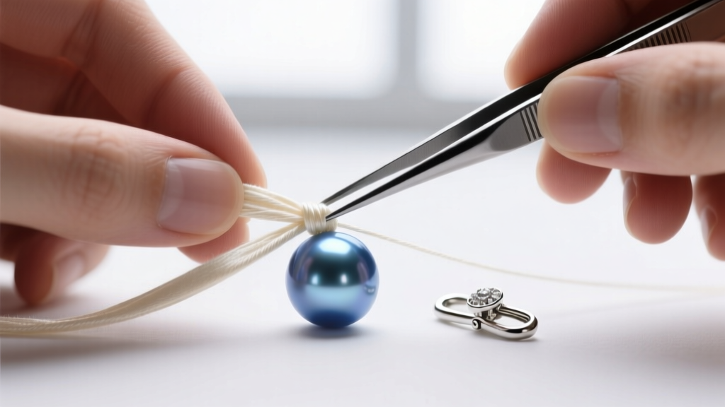 Hands knotting size E silk thread between two 8mm blue freshwater pearls using tweezers, with a sterling silver clasp nearby