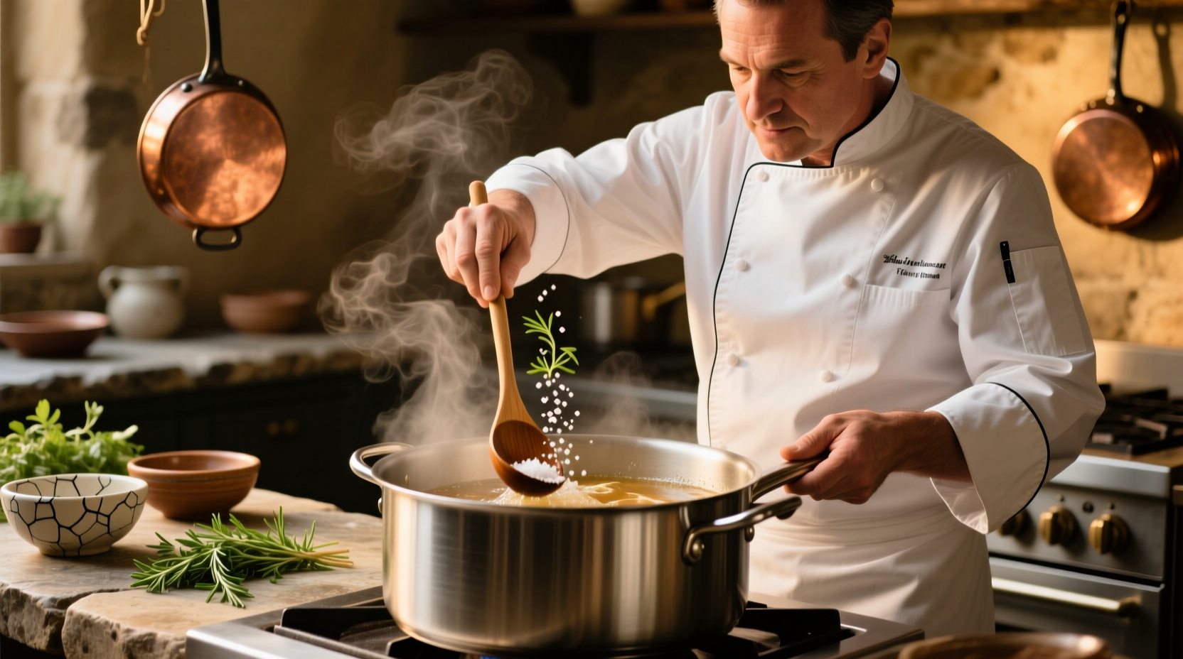Chef adjusting seasoning in cooking pot