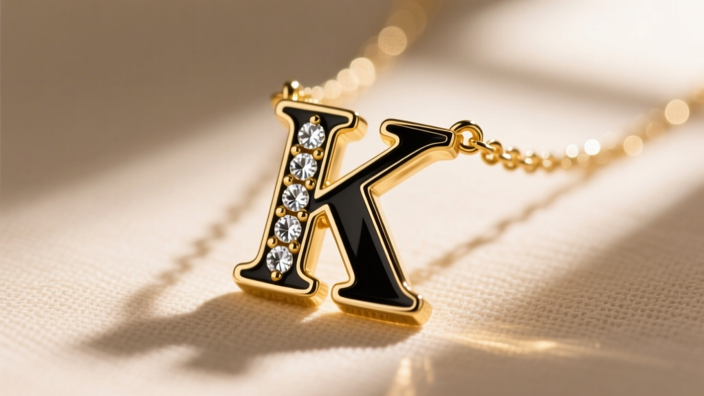 Macro shot of a gold-plated Kate Spade letter necklace pendant with black cold enamel and pavé cubic zirconia on beige linen.