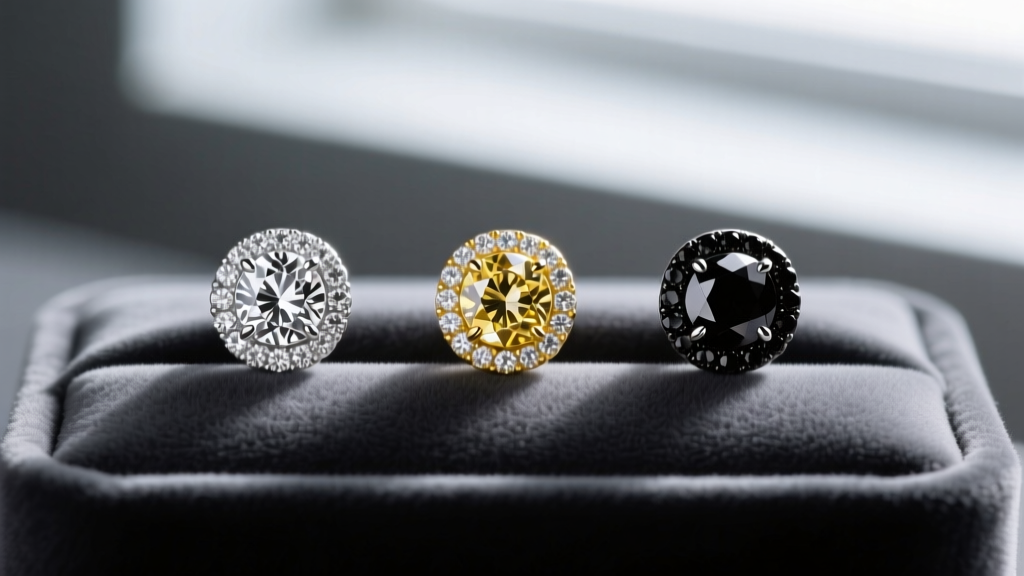 Diamond studs in platinum, yellow gold, and black rhodium displayed side-by-side on a dark grey velvet jewelry display cushion.