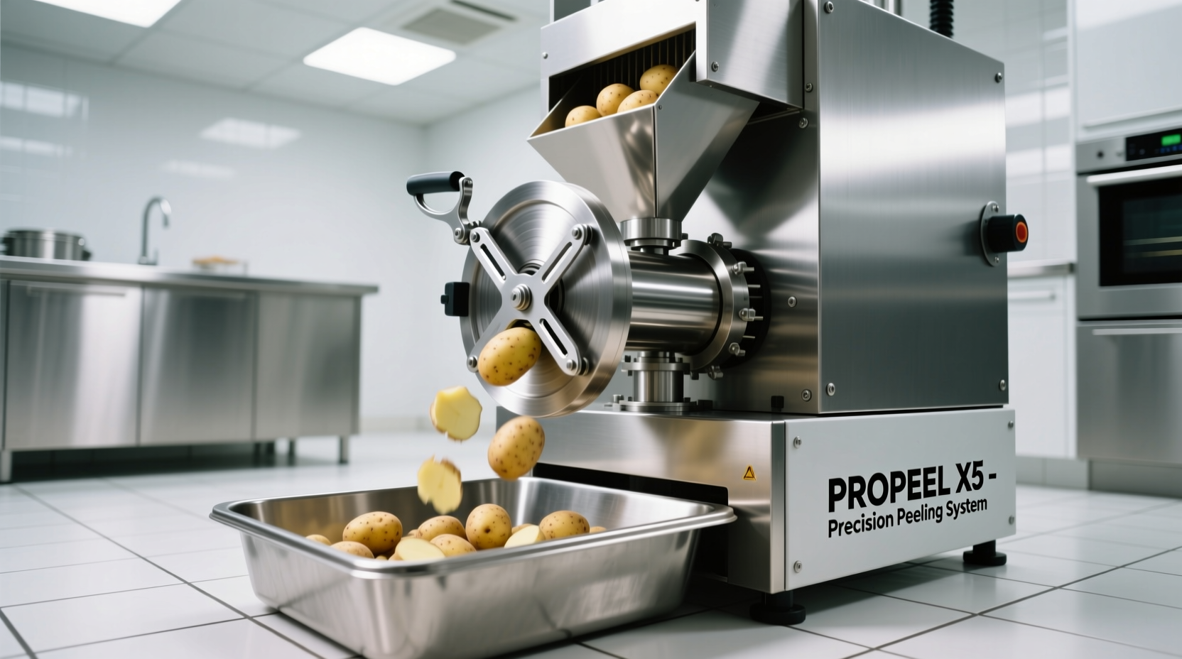 Commercial potato peeler machine in operation