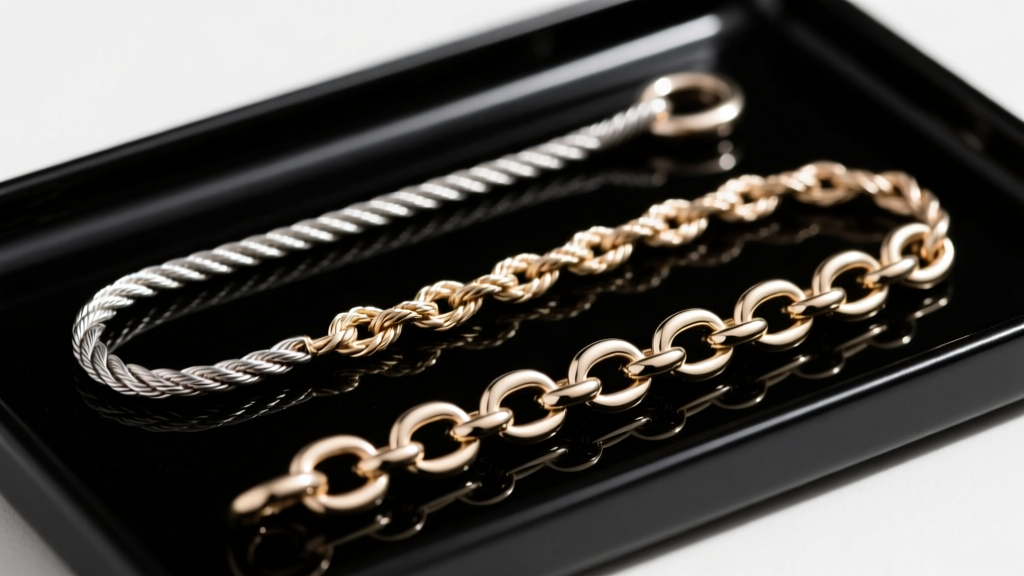 Macro photography of three permanent jewelry chain links, including cable, rope, and figaro styles, on a jeweler's bench block.