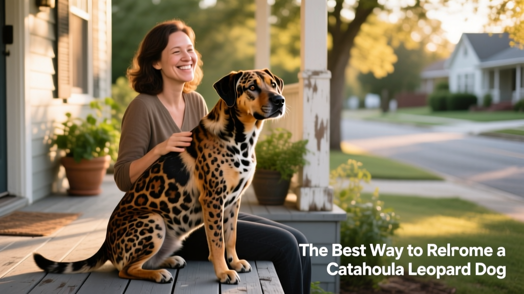 A calm, well-groomed Catahoula Leopard Dog sitting beside a smiling adult on a sunlit porch