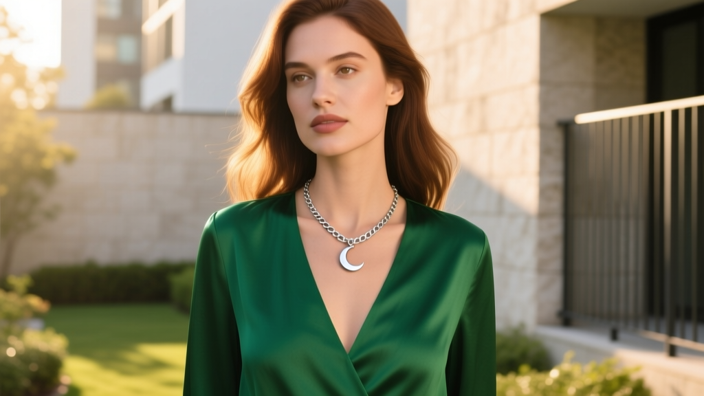 Woman wearing a silver half moon pendant on a 16-inch box chain with a deep V-neck emerald green blouse, warm natural sunlight.