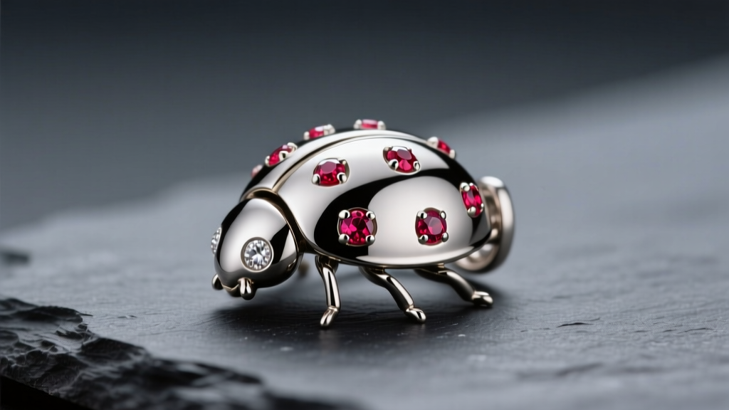 Macro shot of a titanium lady bug ear cuff with tiny pave ruby spots, resting on a dark slate surface under studio lighting.
