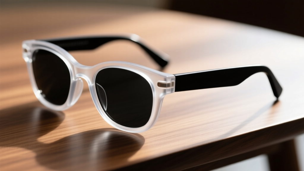 Macro shot of a clear silicone eyeglass loop securely gripping the matte black temple arm of modern sunglasses on a wooden table