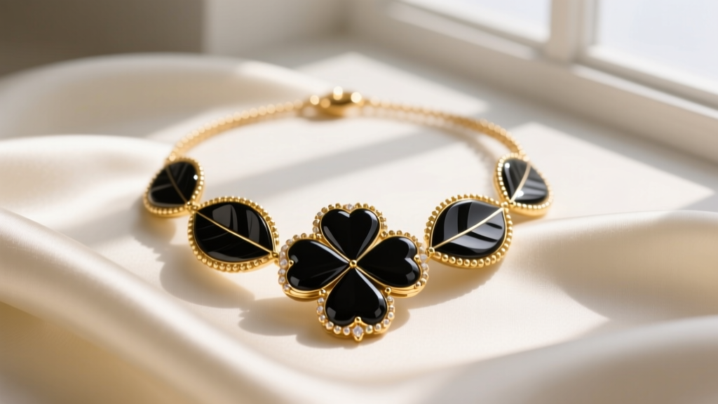 18k gold onyx clover necklace on cream silk, soft light highlighting the polished black stone and delicate gold beaded border.