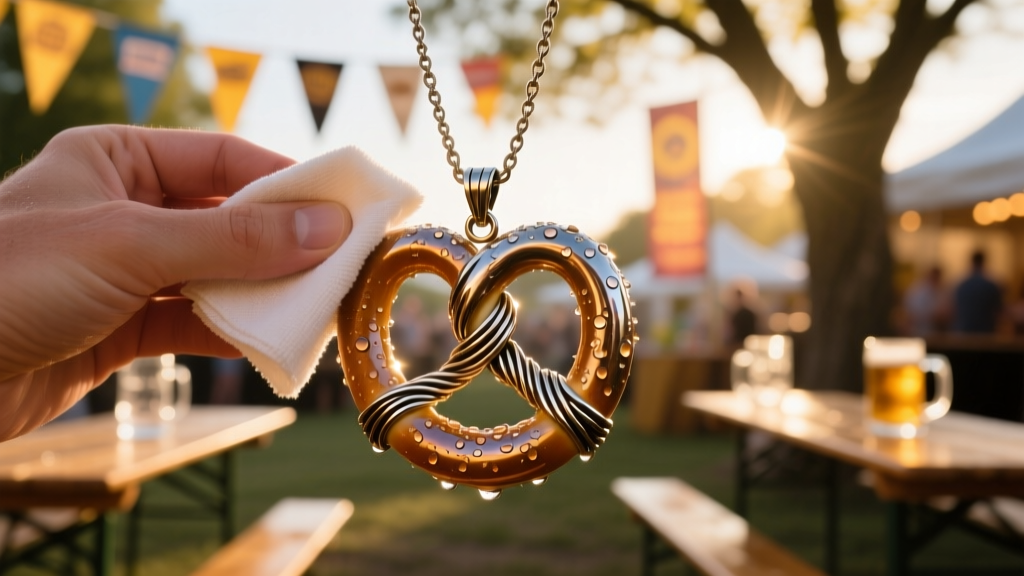 Hands wiping a metal pretzel pendant with a microfiber cloth and soapy water after a beer festival in bright outdoor lighting