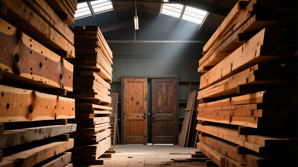 Stacks of reclaimed longleaf heart pine lumber and vintage solid wood doors inside a dimly lit architectural salvage warehouse.