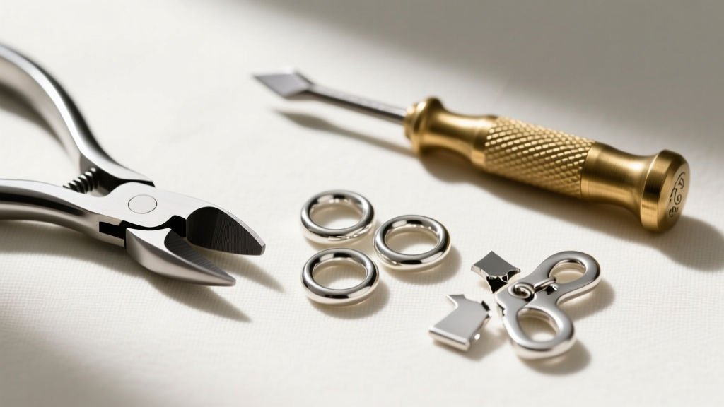Flat lay of jewelry tools including flush cutters, a brass awl, and 4mm sterling silver jump rings beside a broken silver toggle.