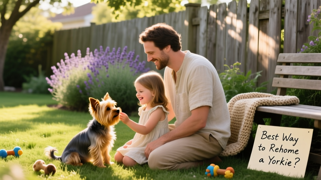 A Yorkie playing gently with a child and adult in a sunlit backyard