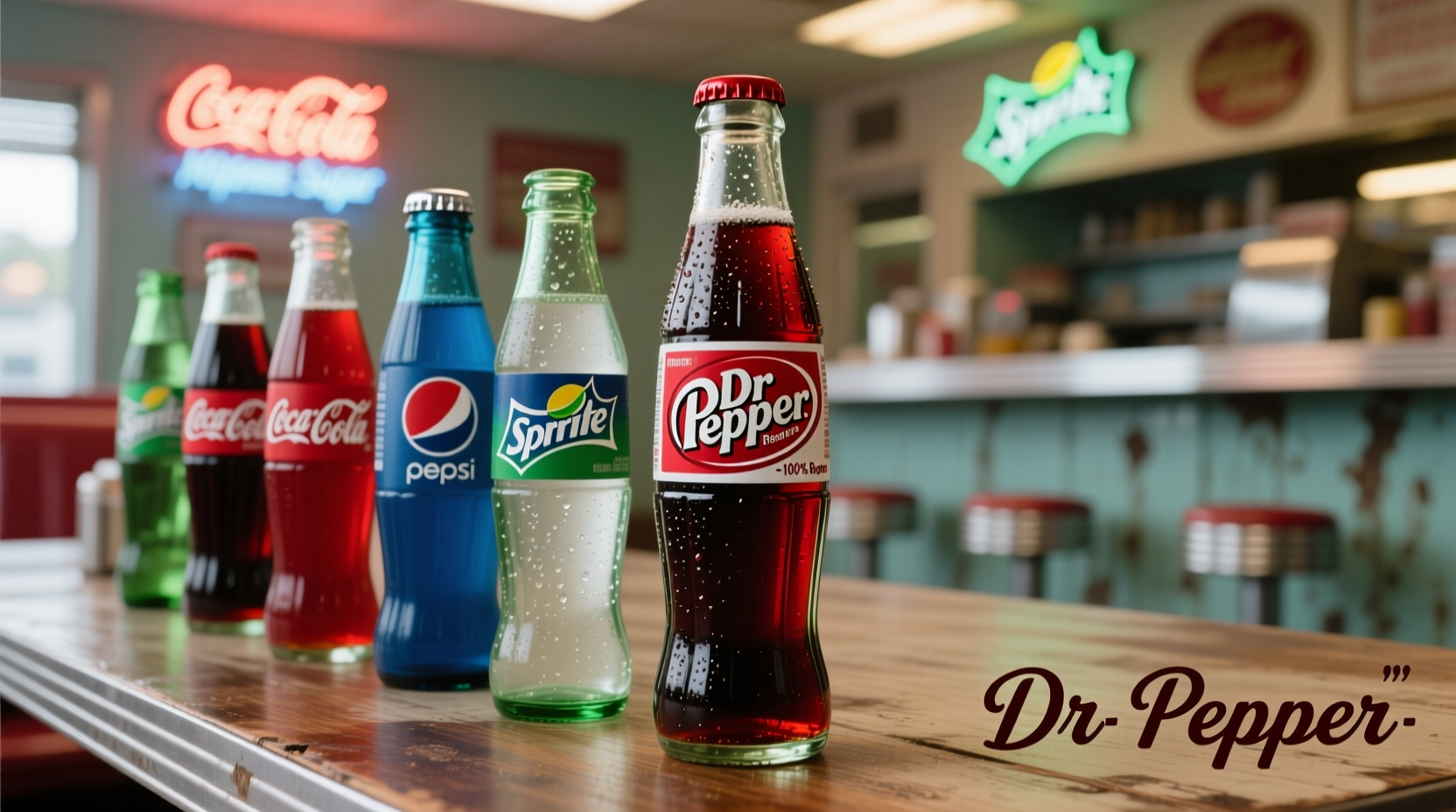 Dr Pepper bottle next to cola beverages for comparison