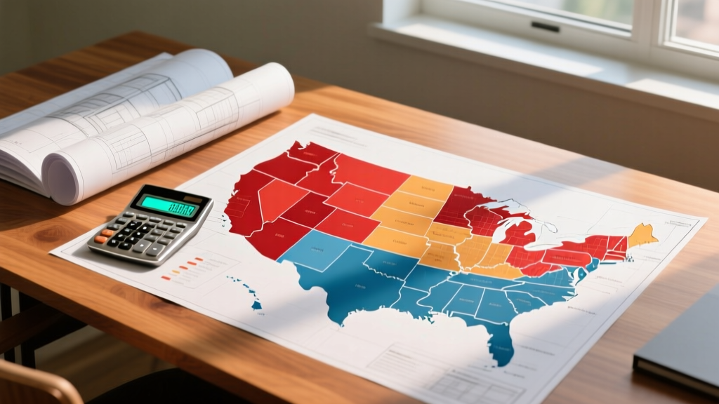 Architectural blueprints spread on a wooden desk next to a calculator and a map of the United States highlighting regional construction cost zones