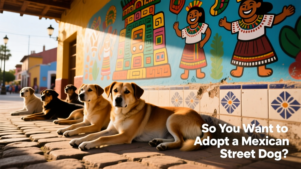 A group of healthy, relaxed Mexican street dogs resting in the shade of a colorful mural in a Mexican town square