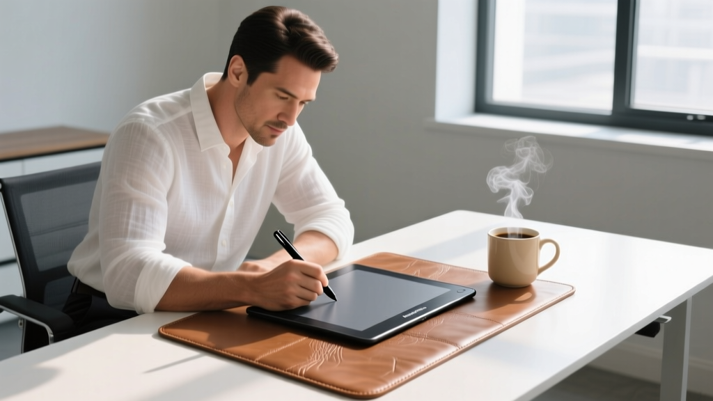 Man writing with a stylus on a reMarkable Paper Pro e-ink tablet resting on a leather desk pad next to a steaming cup of coffee