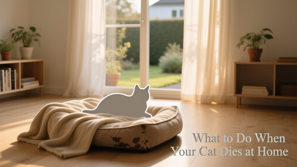 A serene, softly lit indoor space with a cozy blanket draped over a pet bed, symbolizing peaceful end-of-life care for cats