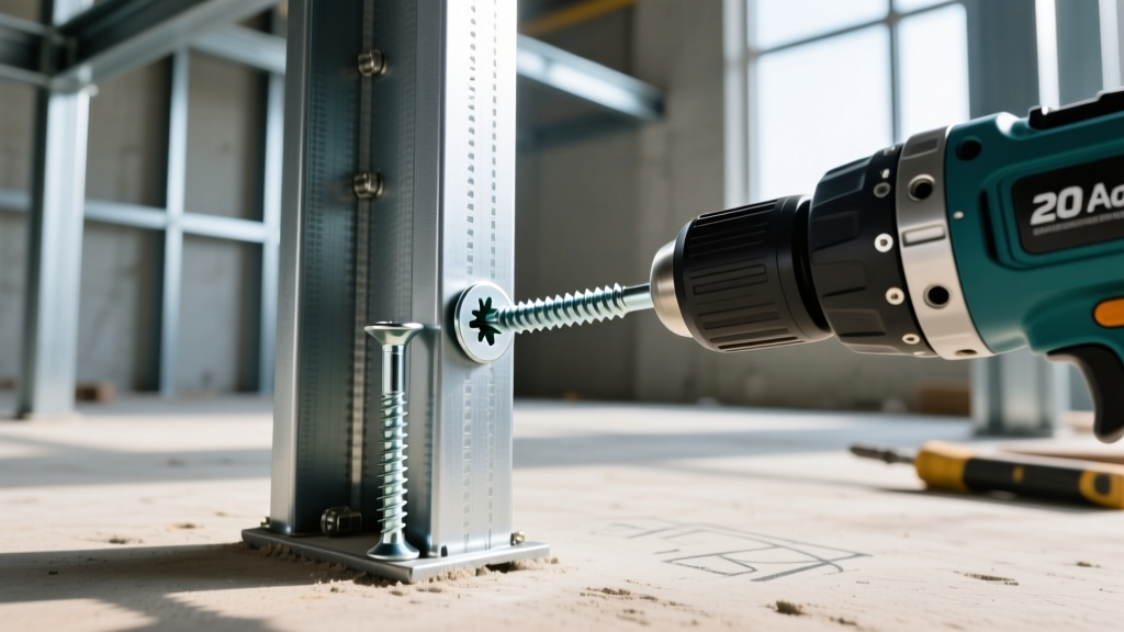 Close-up of self-drilling pan-head screws securing 20-gauge galvanized steel studs in commercial framing with an auto-feed screw gun