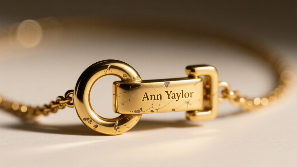 Macro shot of a gold-tone Ann Taylor necklace clasp, revealing slight wear on the brass base metal under bright studio lighting.