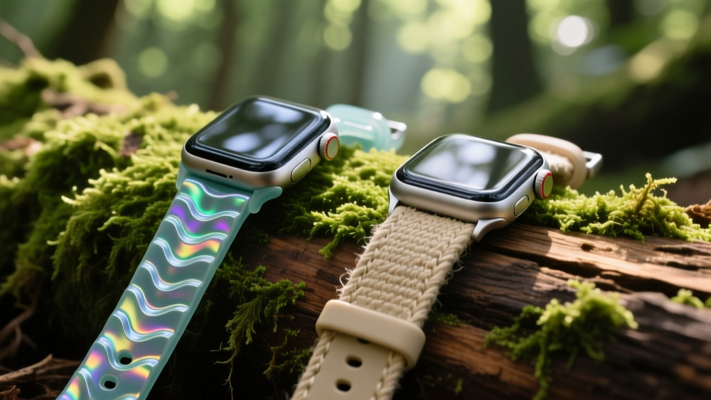 Side-by-side macro shot of a recycled ocean-plastic smartwatch strap and a biodegradable flax-based watch band resting on a mossy wooden surface in a forest.