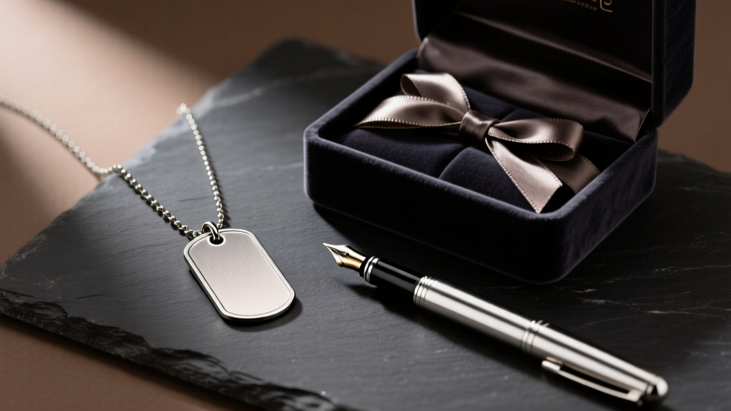 Brushed titanium dog tag necklace on dark slate, beside an open velvet gift box and a silver pen in moody studio lighting
