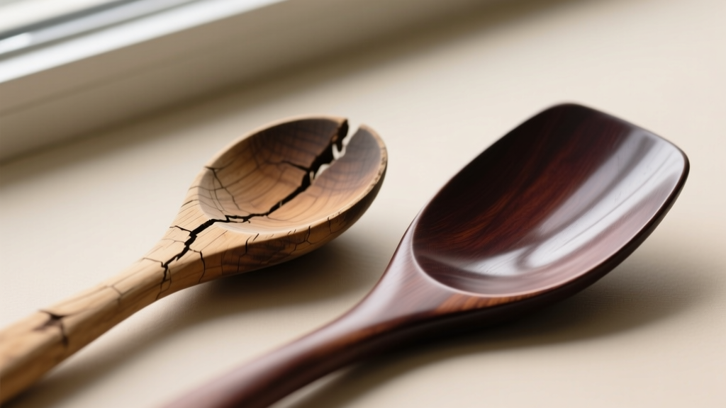 Close-up of a split wooden spoon handle showing dried-out grain damage next to a well-oiled dark maple spatula for comparison