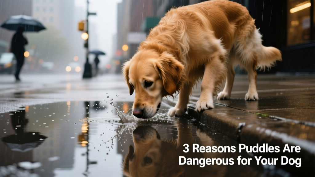 A curious dog sniffing at a muddy puddle on a rainy sidewalk