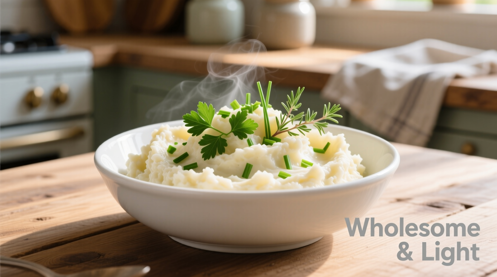 Creamy mashed cauliflower in white bowl with herbs