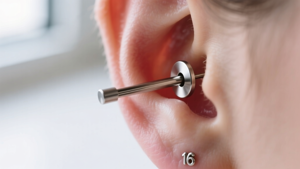 Macro shot of an ASTM F136 titanium flat-back earring post being inserted into a healed 16-gauge helix cartilage piercing hole