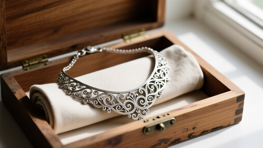 Restored silver filigree necklace elegantly draped over a rolled anti-tarnish Pacific storage cloth inside a shallow cedar box.