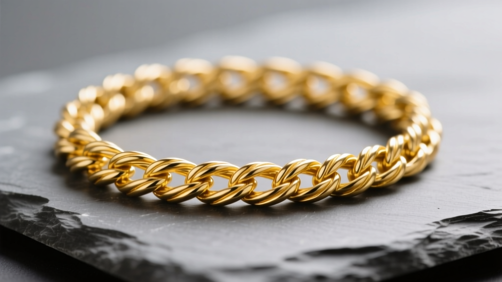 Close-up of a 14k gold filled rope chain on slate, showing rich yellow hues and intricate link textures in soft studio lighting.