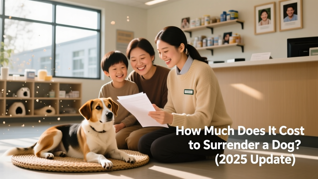 A friendly shelter staff member reviewing paperwork with a family beside a gentle-looking dog