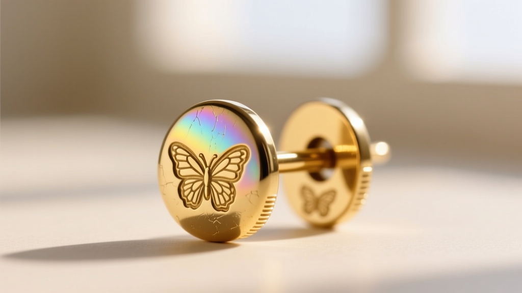 Macro shot of a gold-plated brass earring post showing the clear protective e-coat layer and a stamped butterfly friction back.
