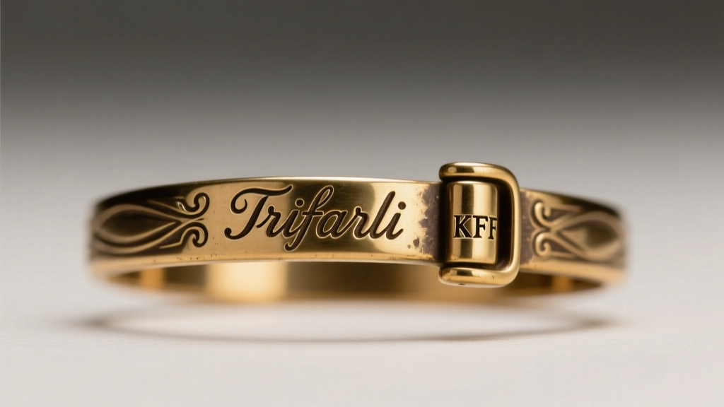 Close-up of a vintage Trifari clasp showing the early KTF makers mark stamped into brass, lit by a warm directional light source.