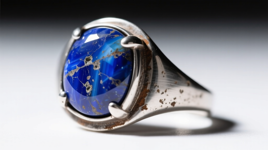 Tarnished sterling silver setting holding a raw lapis lazuli stone, showing contrast between oxidized metal and porous blue gem.