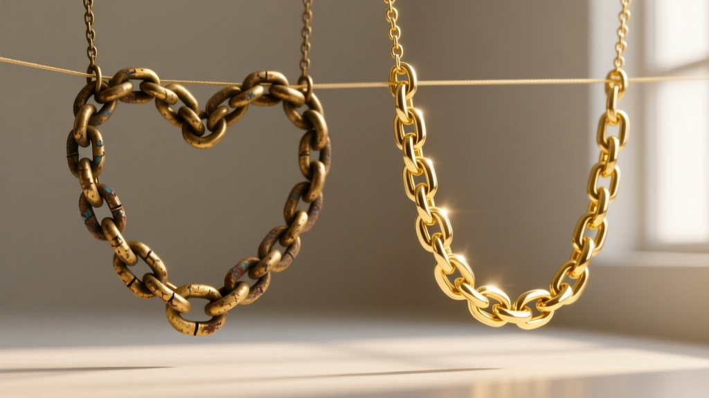 Side-by-side view of a tarnished brass love chain and a pristine 18k gold chain, highlighting material degradation and wear.