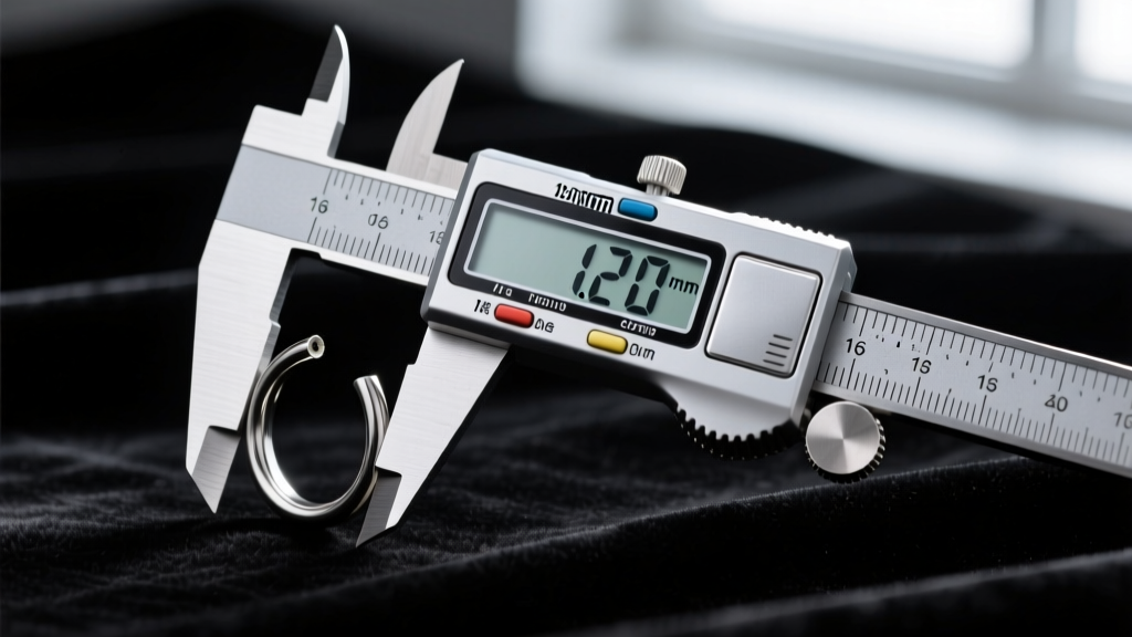 Digital caliper measuring the 1.2mm thickness of a 16-gauge implant-grade titanium cartilage hoop against a dark velvet backdrop
