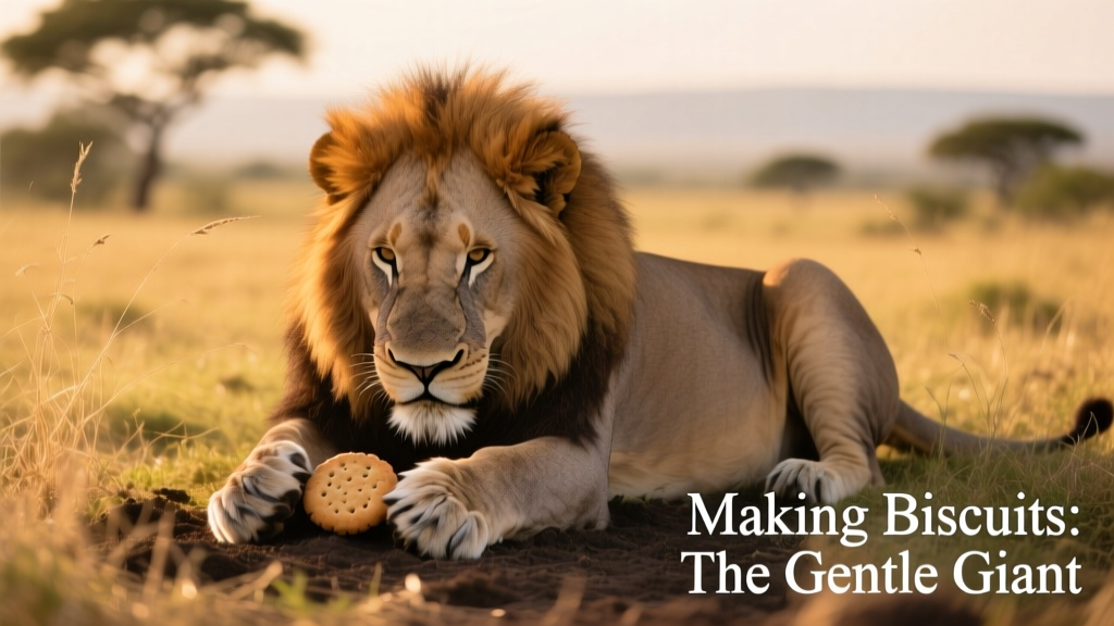 A large male lion lying on grass, rhythmically pressing his front paws into the ground in a kneading motion