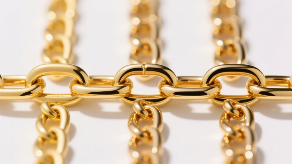 Macro comparison of 10k, 14k, and 18k gold chain links, highlighting subtle color shifts from pale yellow to rich deep gold tones