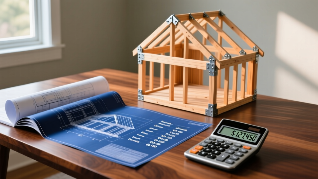 Architectural blueprints spread across a wooden table next to a framed house skeleton and a calculator showing a detailed budget breakdown