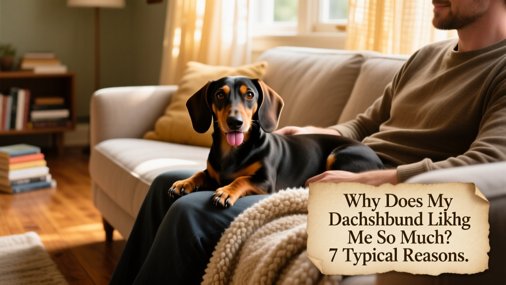 A dachshund resting calmly beside its owner, tongue slightly out, in a quiet living room