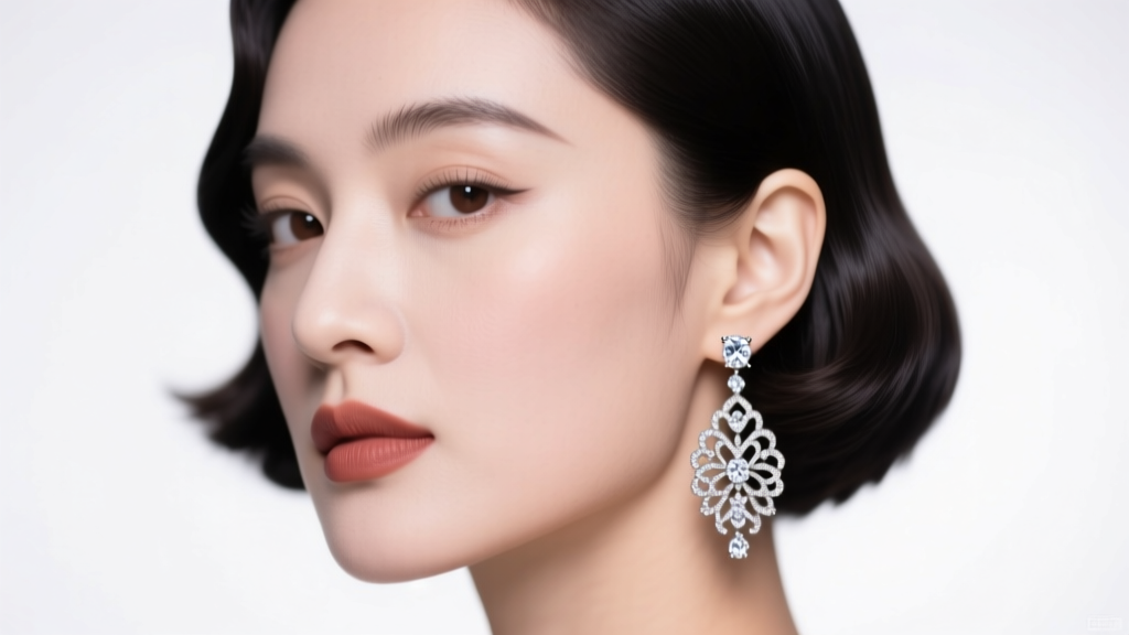 Woman wearing filigree diamond drop earrings framing a round face, styled with a sleek 1920s bob haircut under soft studio lighting