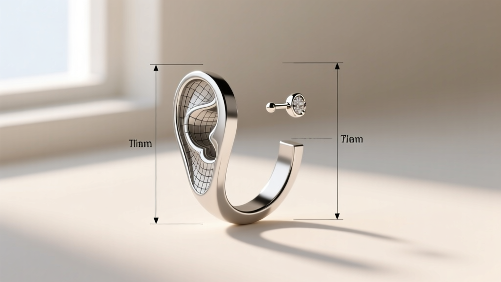 High-resolution 3D CAD rendering of an asymmetrical ear cuff and lobe stud combo, showing millimeter measurements in wireframe.