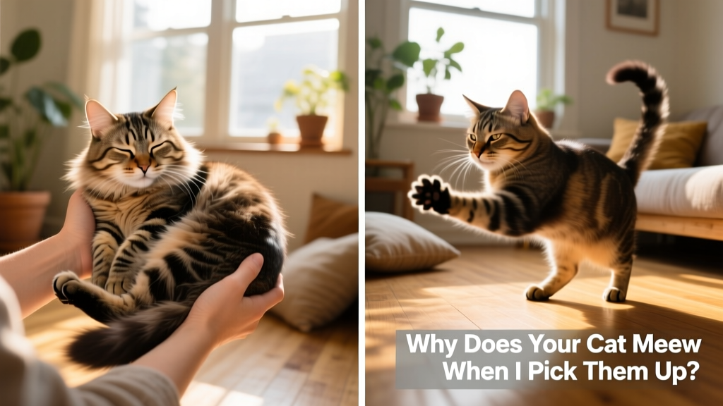 Side-by-side images showing a cat comfortably resting in a supportive hold versus a cat tensing and turning away during handling