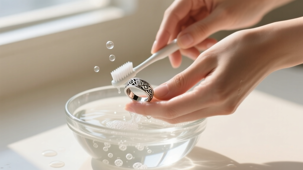 Hands gently washing a delicate silver-tone fashion ring in a small glass bowl of lukewarm soapy water using a soft toothbrush