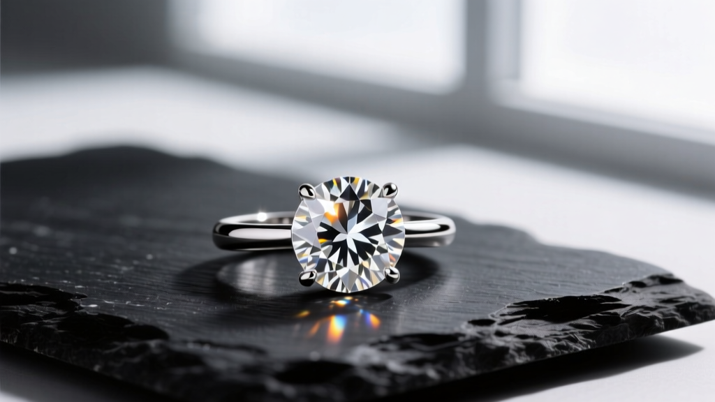 Macro shot of a 2 carat round diamond pendant in a platinum setting, resting on dark slate with brilliant light reflections.